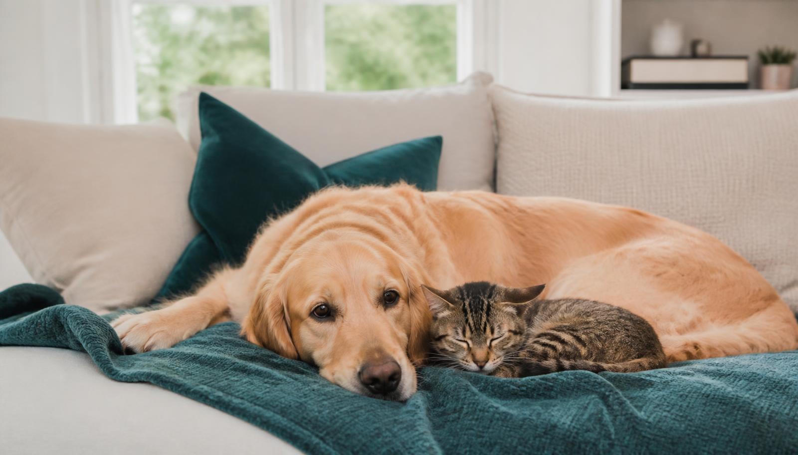 A dog and a cat resting together on a deep teal blanket